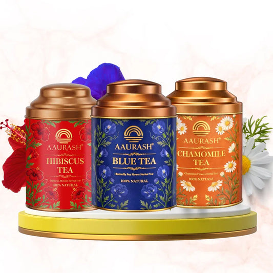 Aaurash Chamomile Tea, Blue Tea & Hibiscus Combo | 100% Natural Flower Tea | Caffeine-Free Herbal Wellness Tea | Supports Relaxation, Skin Health & Detox | Rich in An